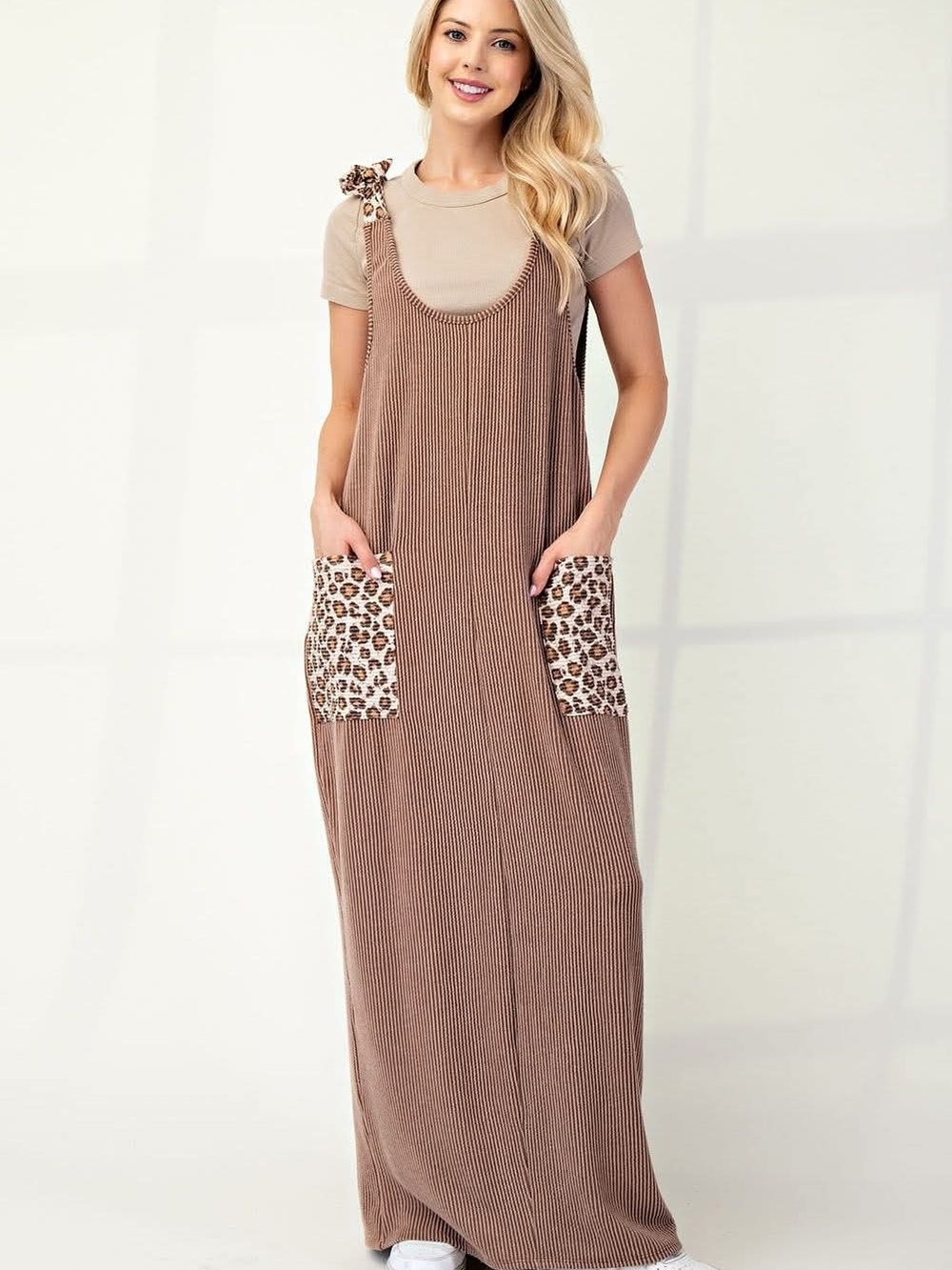 Celeste Taupe Ribbed Maxi Dress with Leopard Pocket Accents